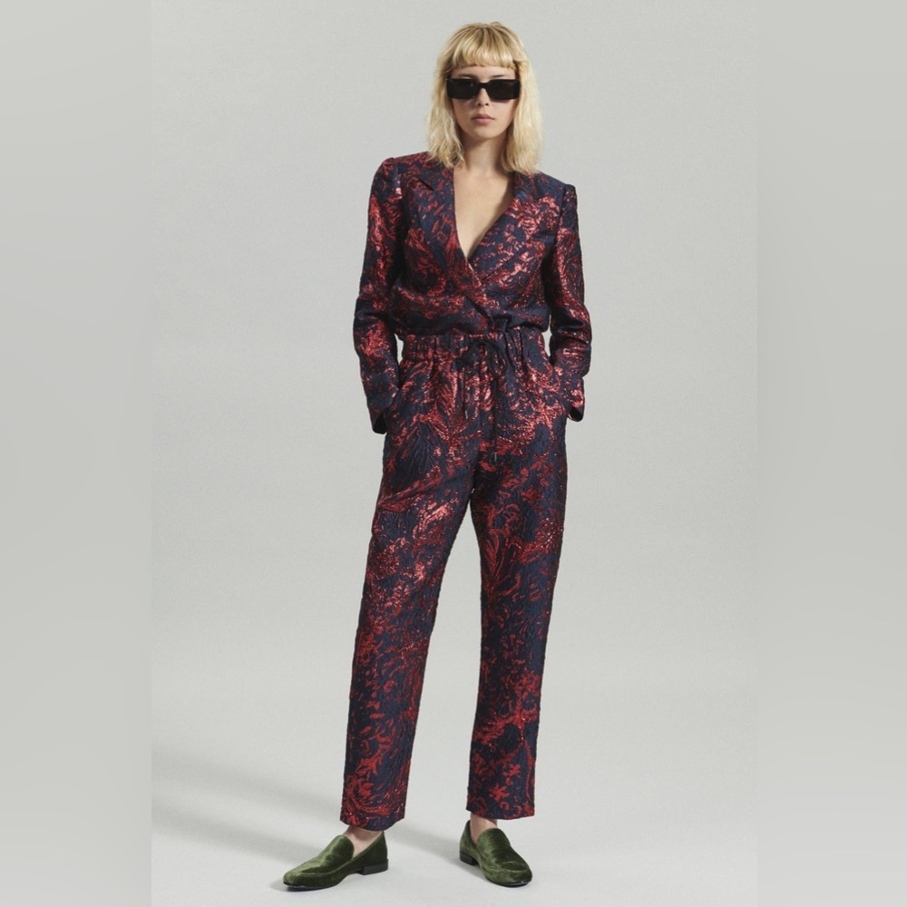 Rachel Comey Almarita Pant in Calla Cloque Navy/Red Brocade